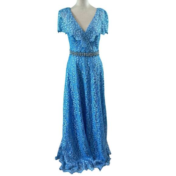 NWT Mac Duggal Blue Lace Ruffled Rhinestone Waist Maxi Gown Formal Prom Size 4 - Picture 1 of 8